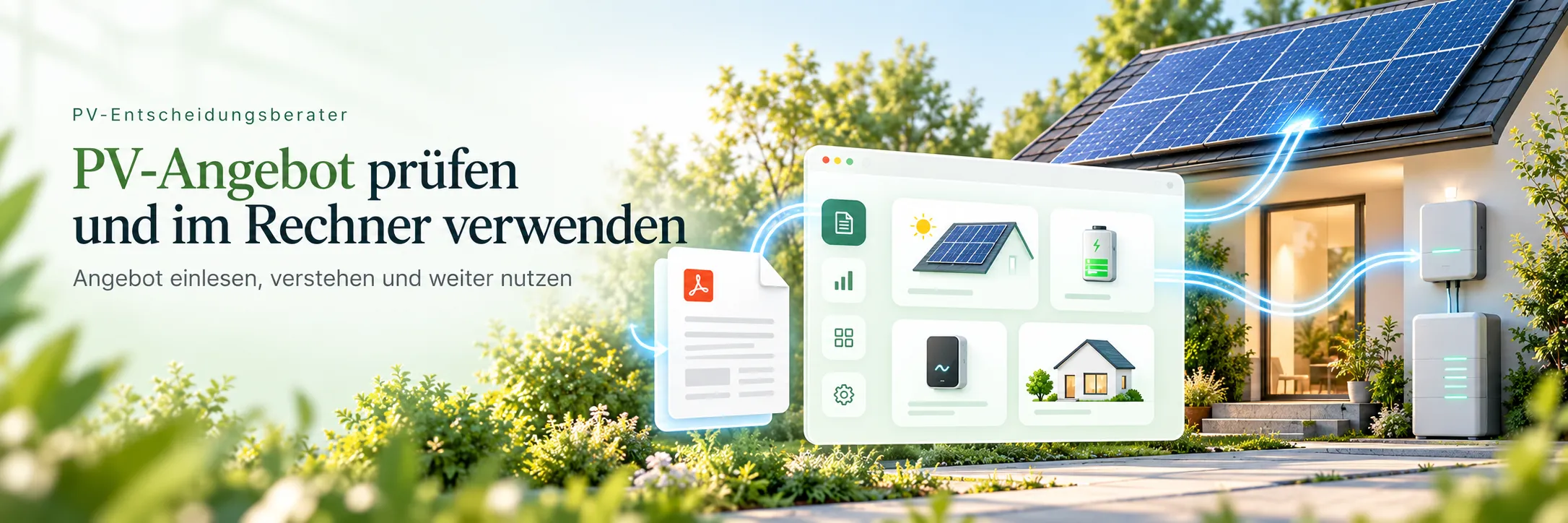 Ein PV-Angebot als Dokument auf dem Tisch, daneben ein Bildschirm mit dem PV-Rechner, der Werte aus dem Angebot übernimmt.