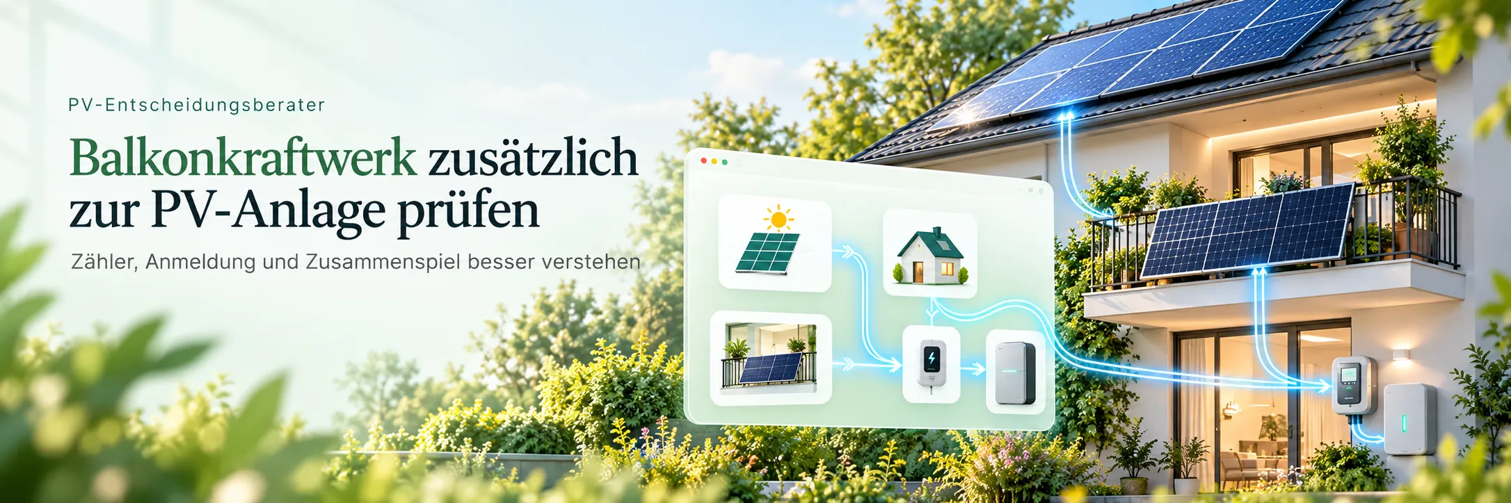 Haus mit Solardach und einem Balkonkraftwerk am Balkongeländer, daneben ein gezeichnetes Schema mit Zähler und Prüfpunkten.