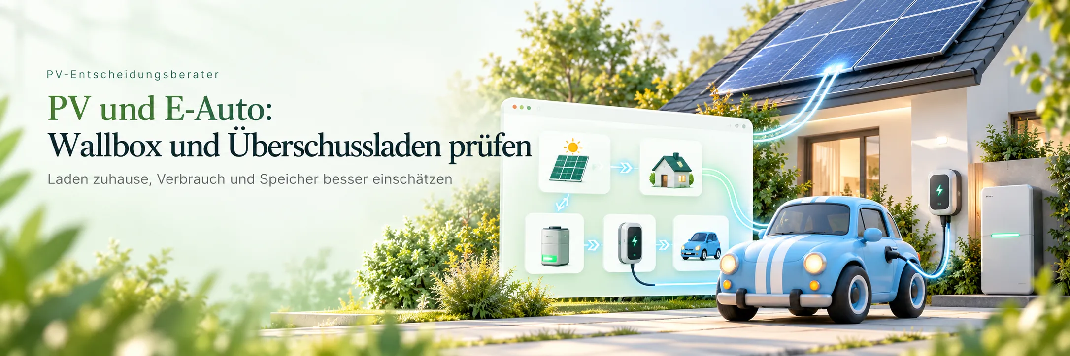 Haus mit Solardach, ein hellblaues E-Auto lädt an der Wallbox, daneben Batteriespeicher und ein gezeichnetes Schema vom Solarstrom zur Wallbox.