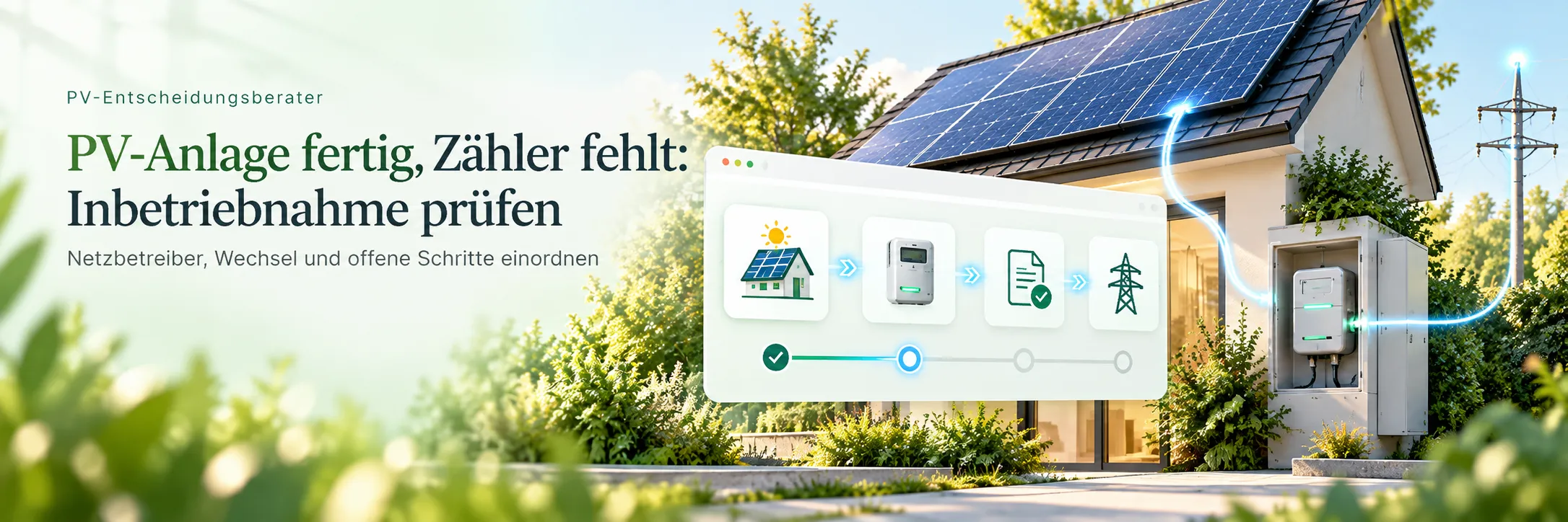 Haus mit neuer Solaranlage, im Vordergrund ein Zählerschrank mit Zweirichtungszähler, daneben ein gezeichnetes Schema der Schritte zur Inbetriebnahme.