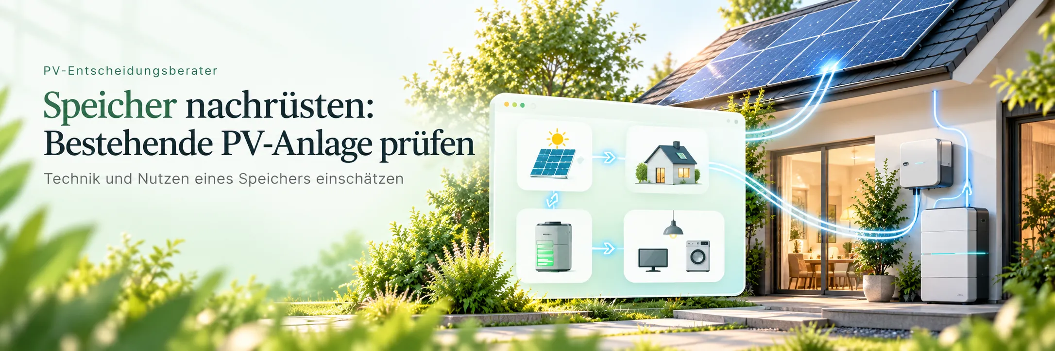 Haus mit bestehender Solaranlage, an der Hauswand ein neuer Batteriespeicher neben dem Wechselrichter, daneben ein gezeichnetes Schema der Nachrüstung.