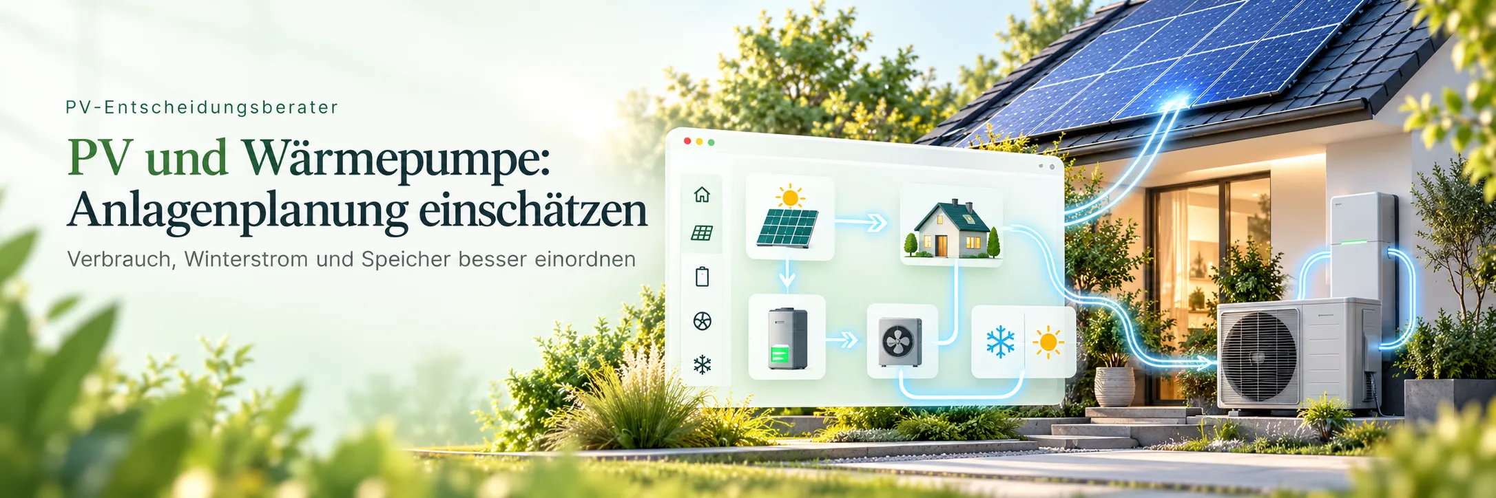 Einfamilienhaus mit Solardach und Außeneinheit einer Wärmepumpe, daneben ein gezeichnetes Schema von Solarstrom über Wärmepumpe und Speicher ins Haus.