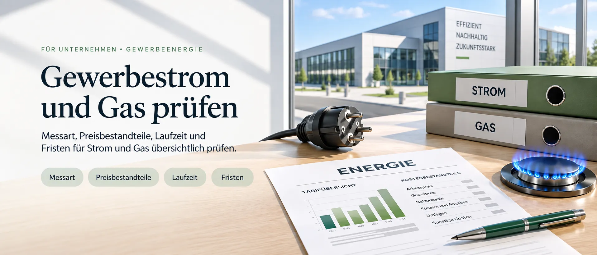 Werkstischplatte vor einer Fensterfront mit einem schweren Industriestecker und einem Tarifblatt am Bildrand.