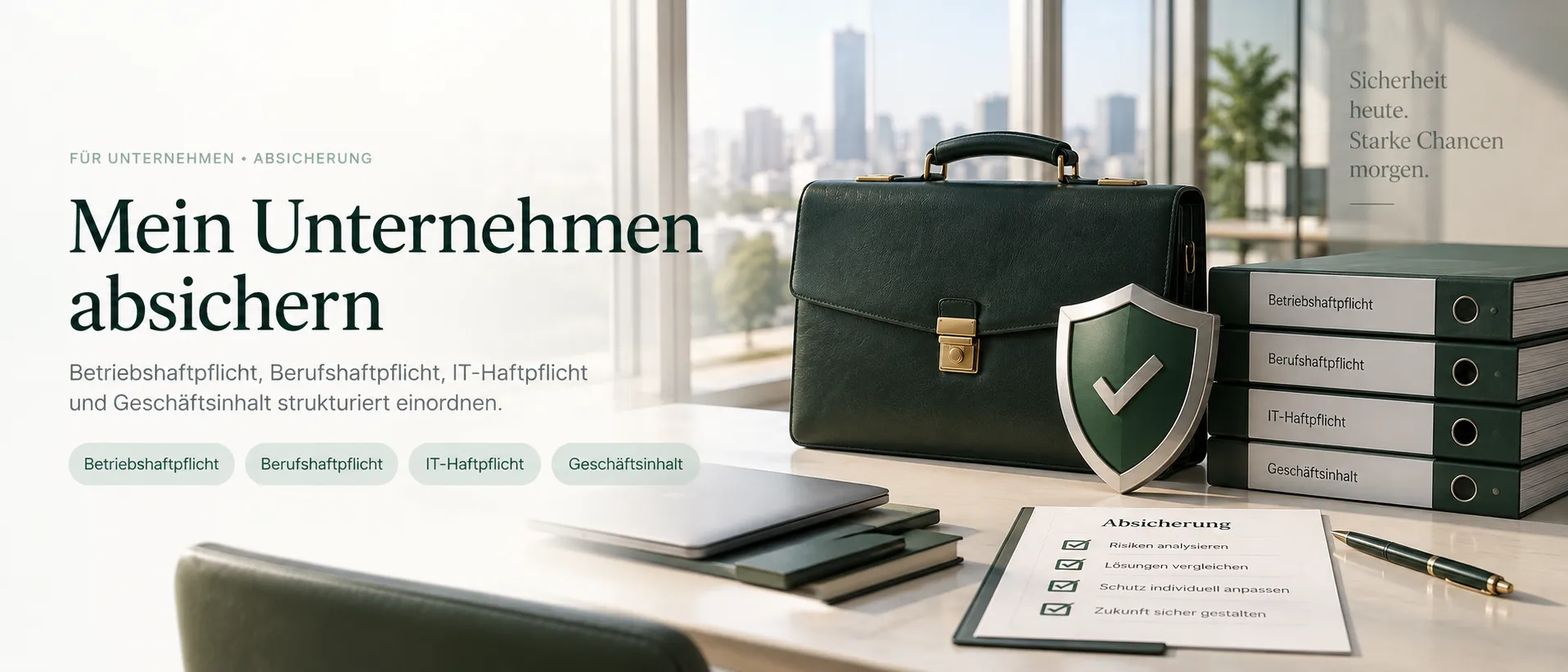 Aktenkoffer, Schutzschild und vier beschriftete Ordner auf einem Schreibtisch: Betriebshaftpflicht, Berufshaftpflicht, IT-Haftpflicht, Geschäftsinhalt.