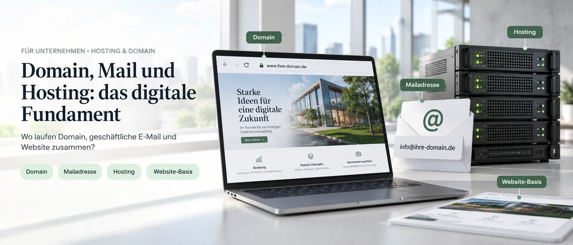Aufgeklappter Rechner mit einer Unternehmensseite im Browser, darüber eine Sprechblase mit dem Wort Domain.