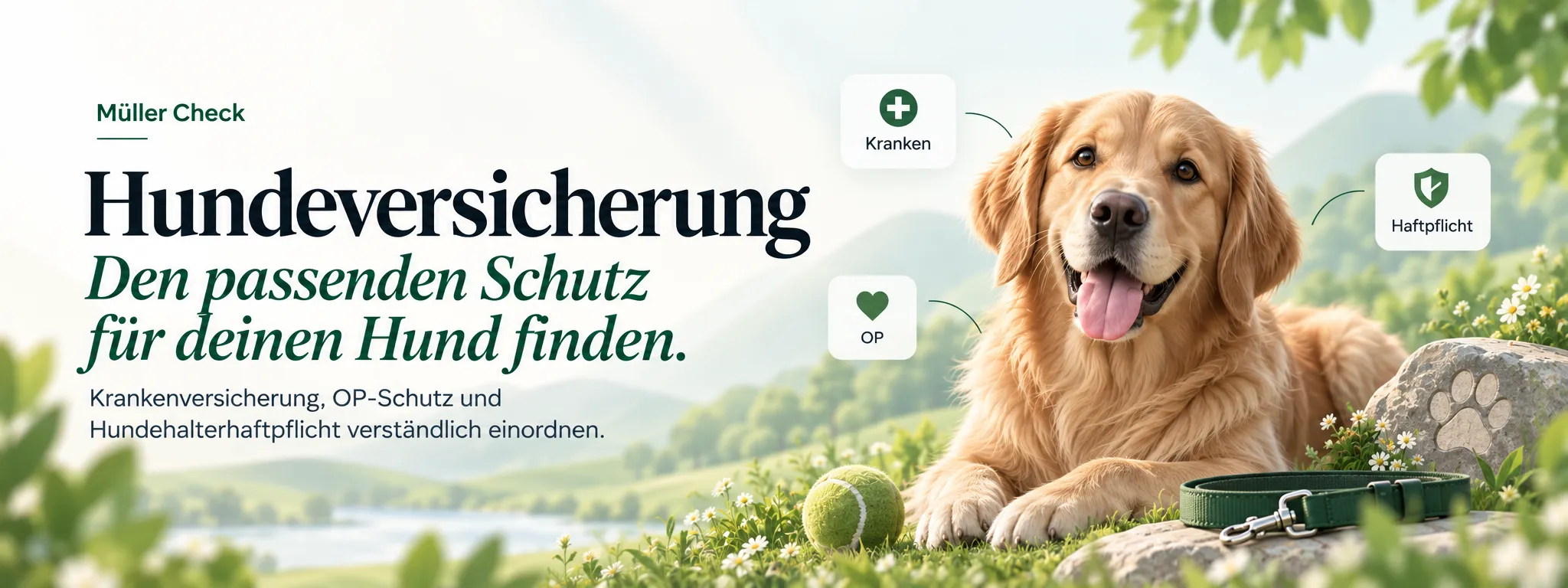 Golden Retriever liegt auf einer Wiese neben Ball und Leine; im Bild der Titel „Hundeversicherung“ und die Hinweise Kranken, OP und Haftpflicht