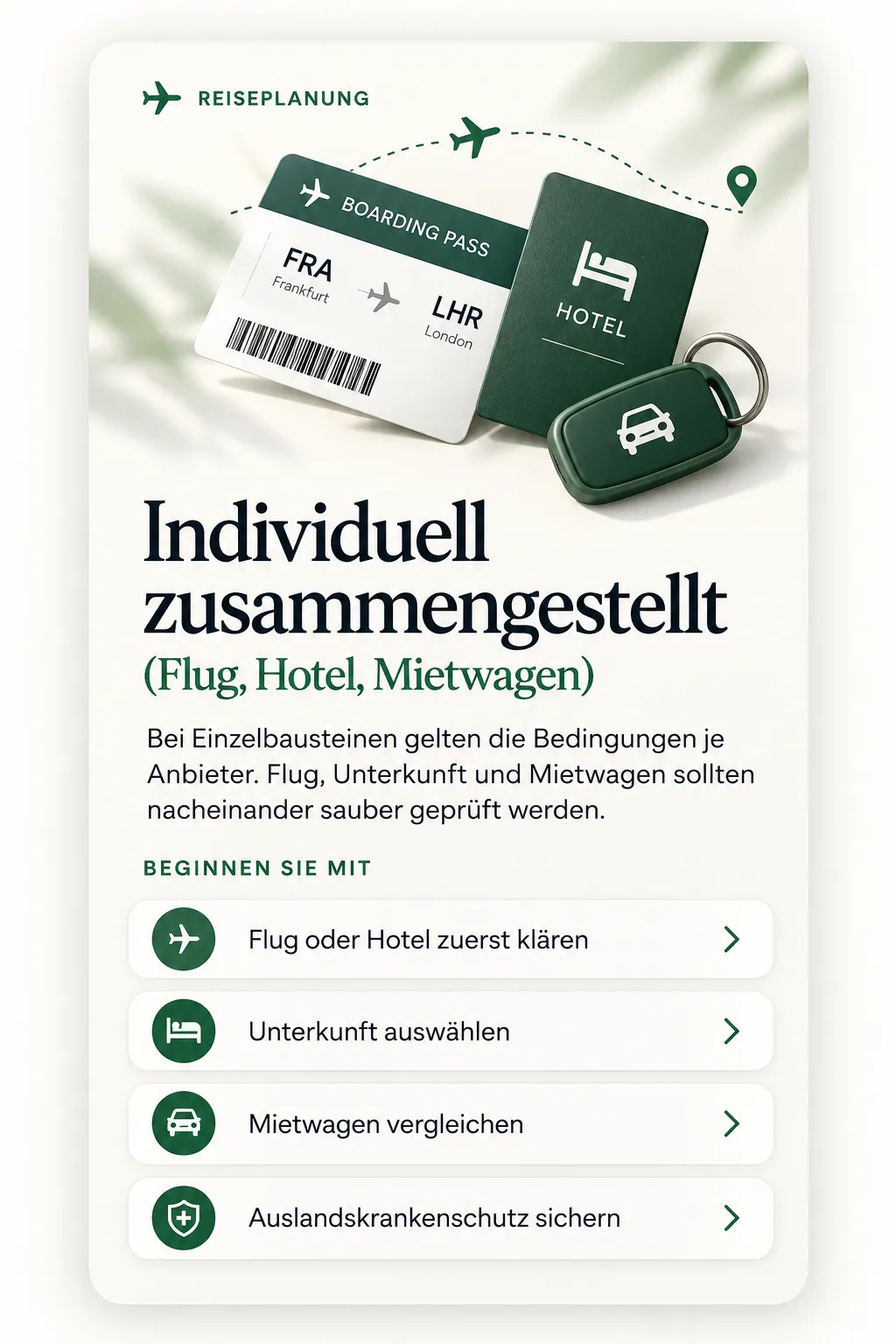 Ein Boardingpass Frankfurt–London, eine grüne Hotel-Schlüsselkarte und ein Autoschlüssel mit Anhänger auf hellem Grund