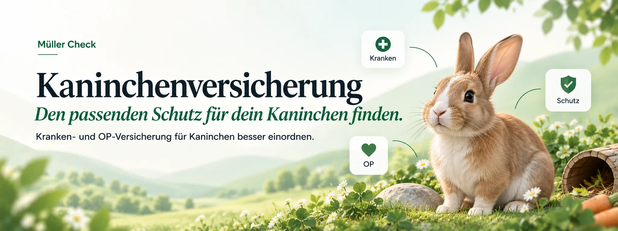 Braunes Kaninchen sitzt auf einer Wiese neben Klee und einer Röhre; im Bild der Titel „Kaninchenversicherung“ und die Hinweise Kranken, OP und Schutz