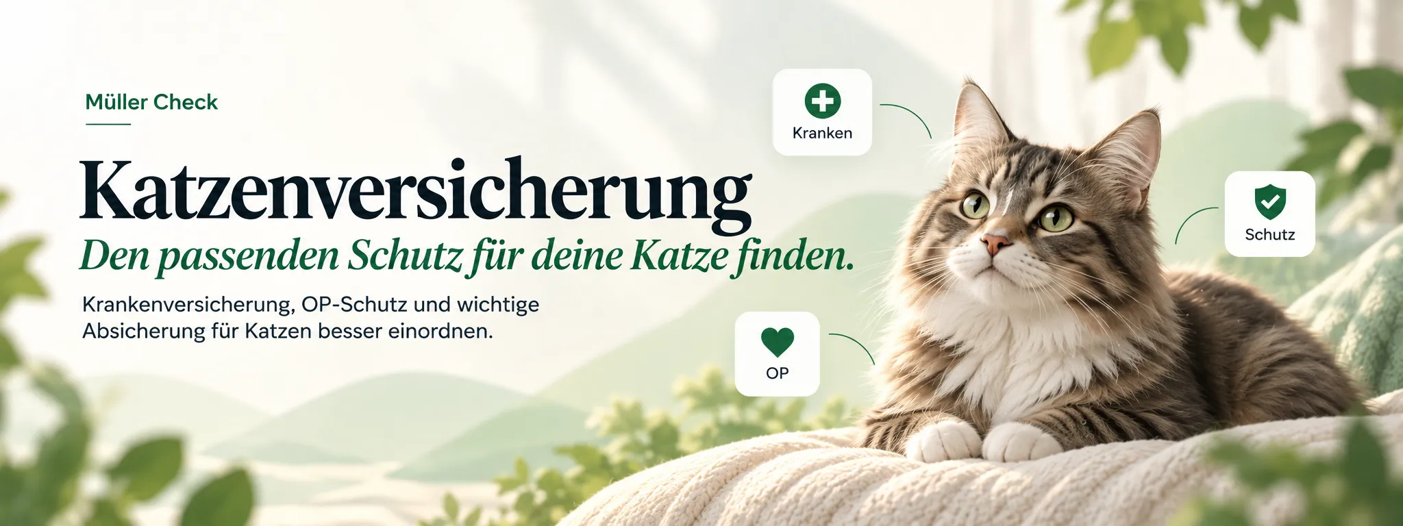 Langhaarige Katze auf einer Strickdecke vor grünem Fenster; im Bild der Titel „Katzenversicherung“ und die Hinweise Kranken, OP und Schutz
