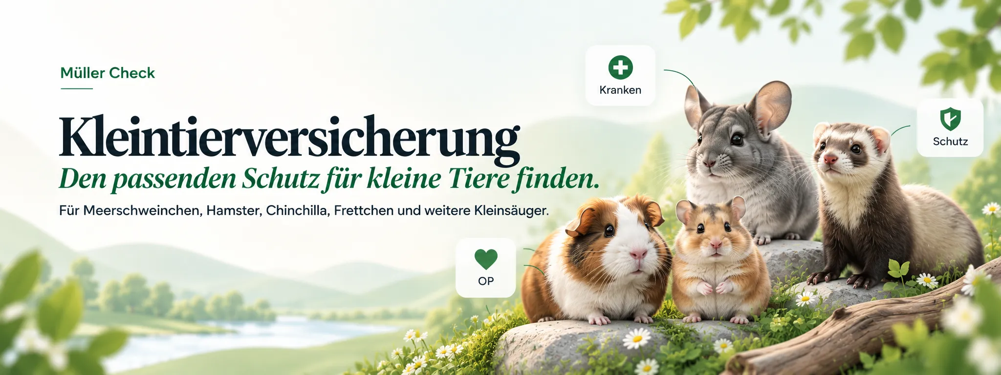 Meerschweinchen, Hamster, Chinchilla und Frettchen auf einem Stein; im Bild der Titel „Kleintierversicherung“, Hinweise Kranken, OP und Schutz
