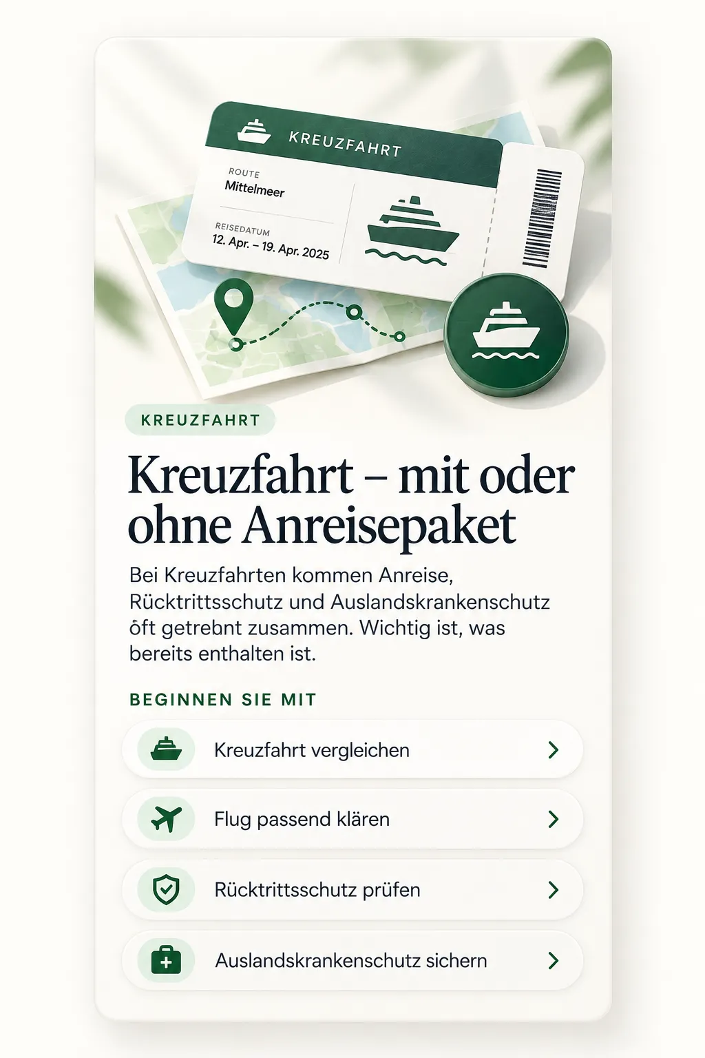 Ein Kreuzfahrtticket mit Route Mittelmeer und Reisedatum auf einer Straßenkarte, daneben ein rundes Schiffssymbol