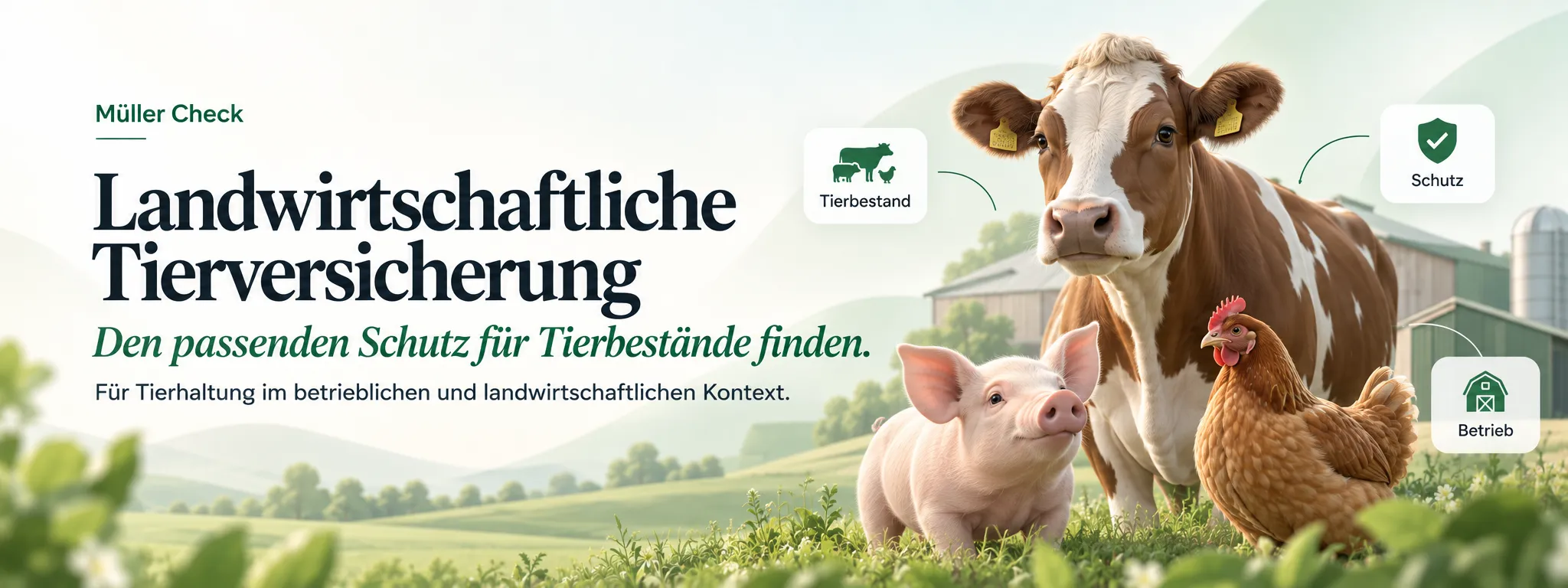 Kuh, Ferkel und Huhn auf einer Weide vor Stallgebäuden; am Bildrand drei gemalte Hinweise: Tierbestand, Schutz und Betrieb