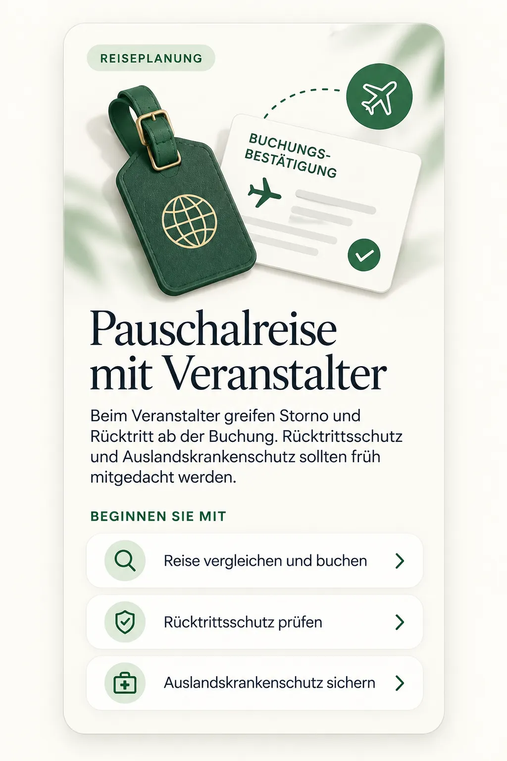 Ein grüner Kofferanhänger mit Weltkugel neben einer Buchungsbestätigung mit Häkchen und einem Flugzeugsymbol auf hellem Grund