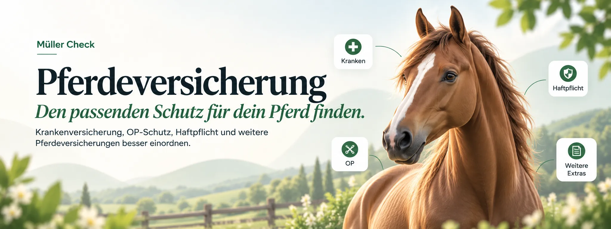 Fuchsfarbenes Pferd vor Koppelzaun und Hügeln; im Bild der Titel „Pferdeversicherung“ und die Hinweise Kranken, OP, Haftpflicht und Weitere Extras