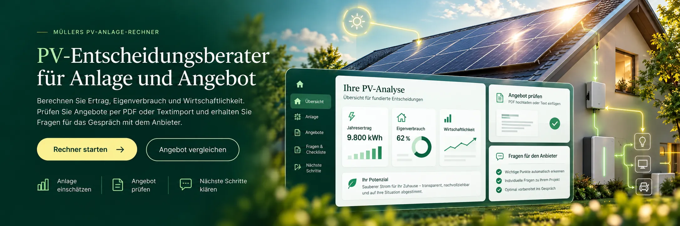 Einfamilienhaus mit Solardach und Wärmepumpe; davor die Oberfläche des PV-Rechners mit Kennzahlen, Angebotsprüfung und Fragen für den Anbieter.