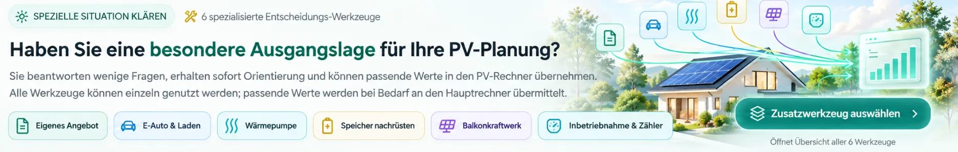 Zusatzwerkzeuge für besondere PV-Situationen: Angebot, E-Auto, Wärmepumpe, Speicher, Balkonkraftwerk sowie Inbetriebnahme und Zähler.