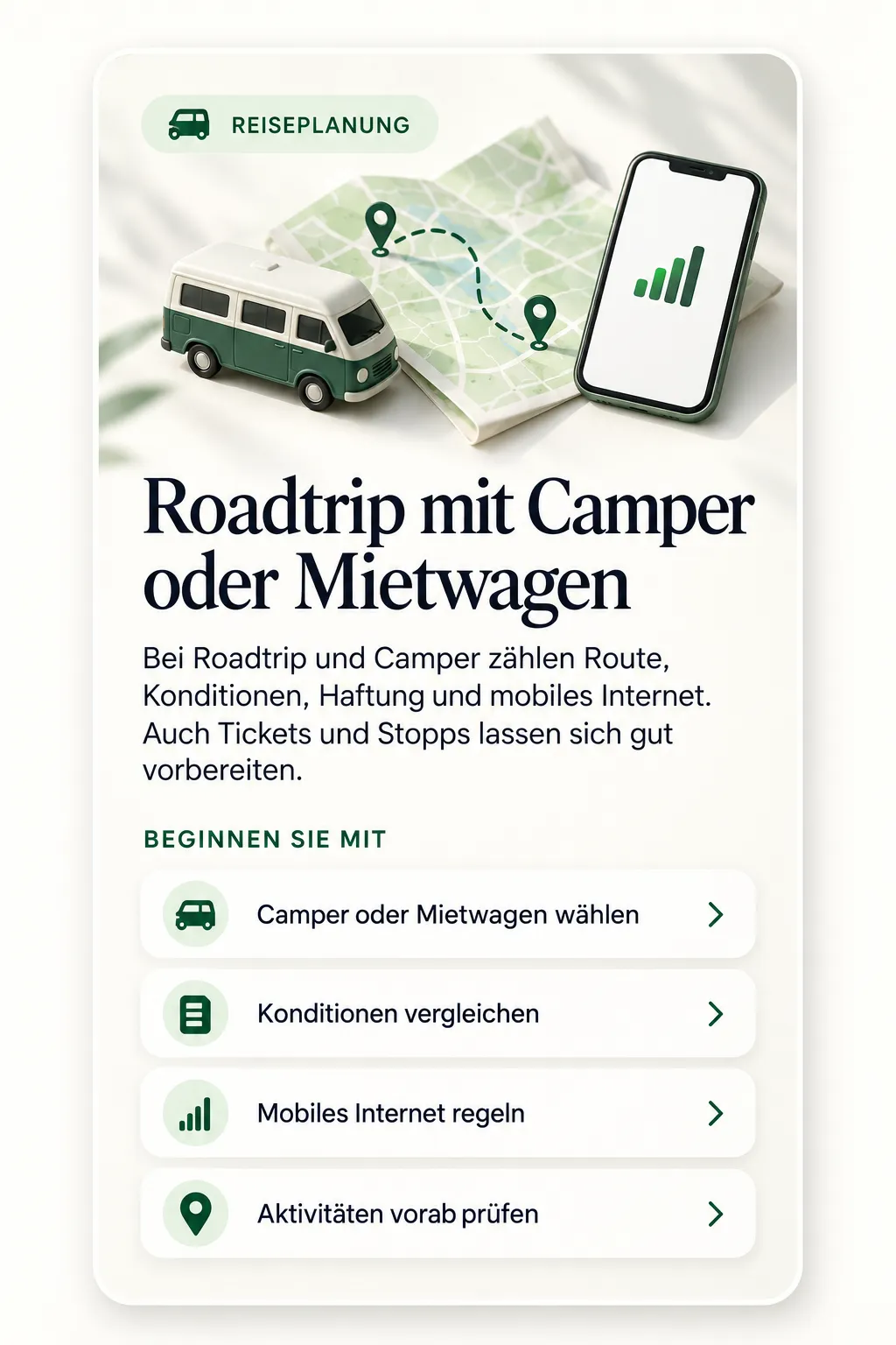 Ein kleiner grün-weißer Campervan auf einer Straßenkarte mit Route, daneben ein Telefon mit Empfangsbalken