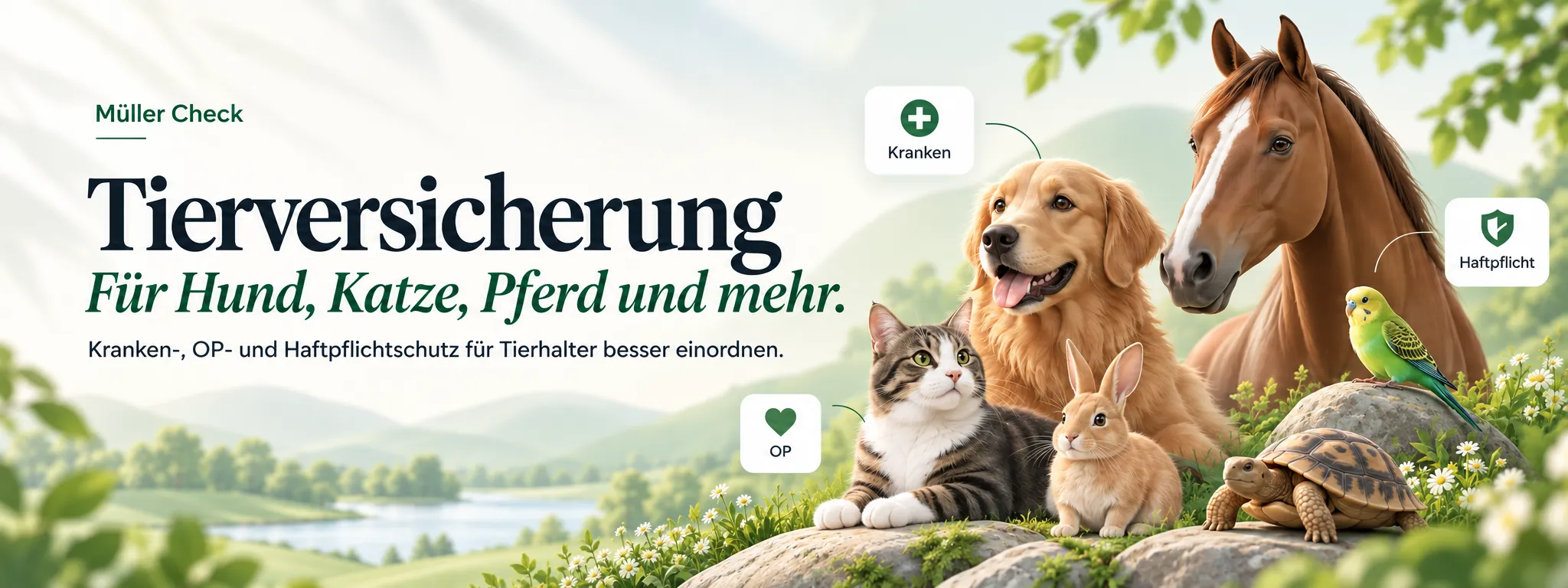 Hund, Pferd, Katze, Kaninchen, Wellensittich und Schildkröte auf einer Wiese; im Bild der Titel „Tierversicherung“ und die Hinweise Kranken, OP und Haftpflicht